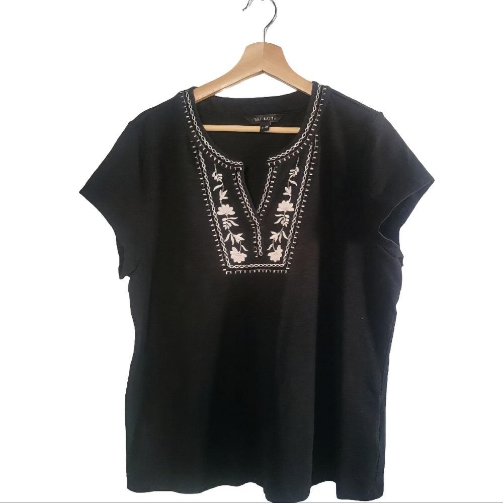 TALBOTS Black Embroidered Tunic with White Floral Detail - Size XL
